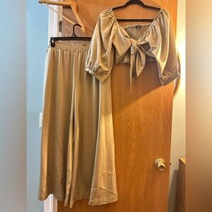 mittoshop Satin Wide-Leg Pants in Taupe NWOT